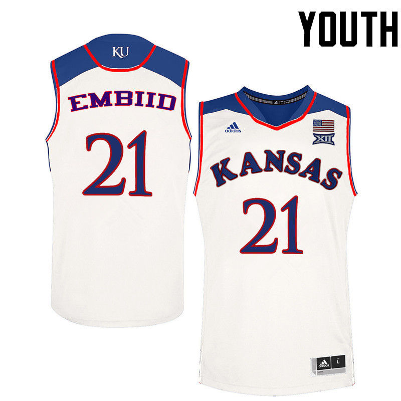 Youth Kansas Jayhawks #21 Joel Embiid College Basketball Jerseys-White